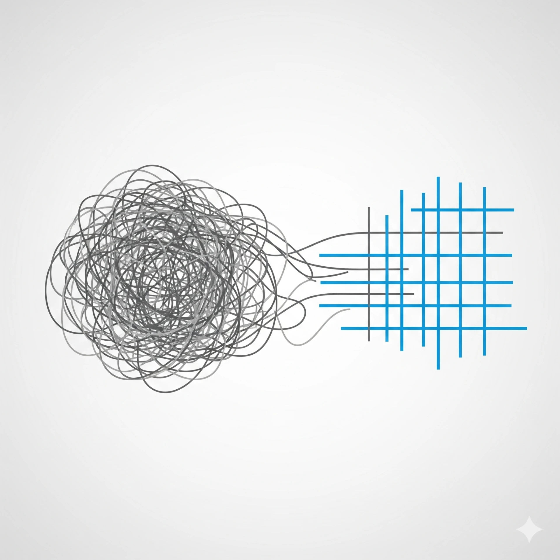 A tangle of grey string untangling into an organized blue grid
