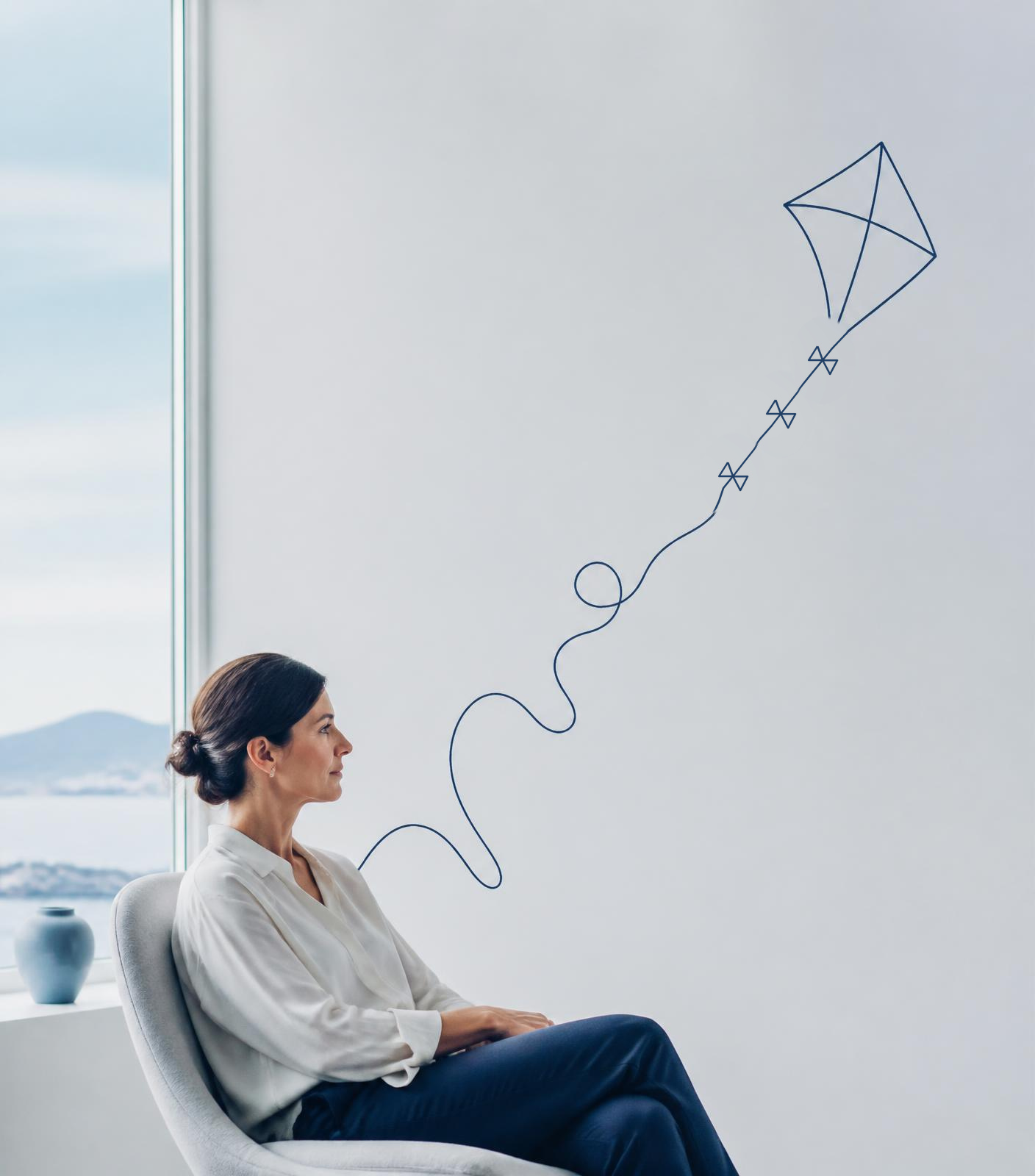 Marketing leader seated in a calm, light-filled room beside a continuous line drawing of a rising kite